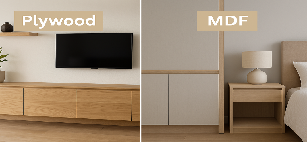 Comparative image of plywood vs MDF used in modern Indian home interiors