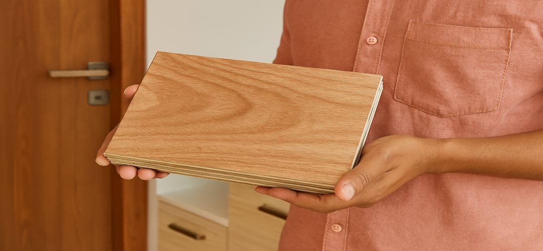 Sample plywood used for premium door panels in Indian home interiors