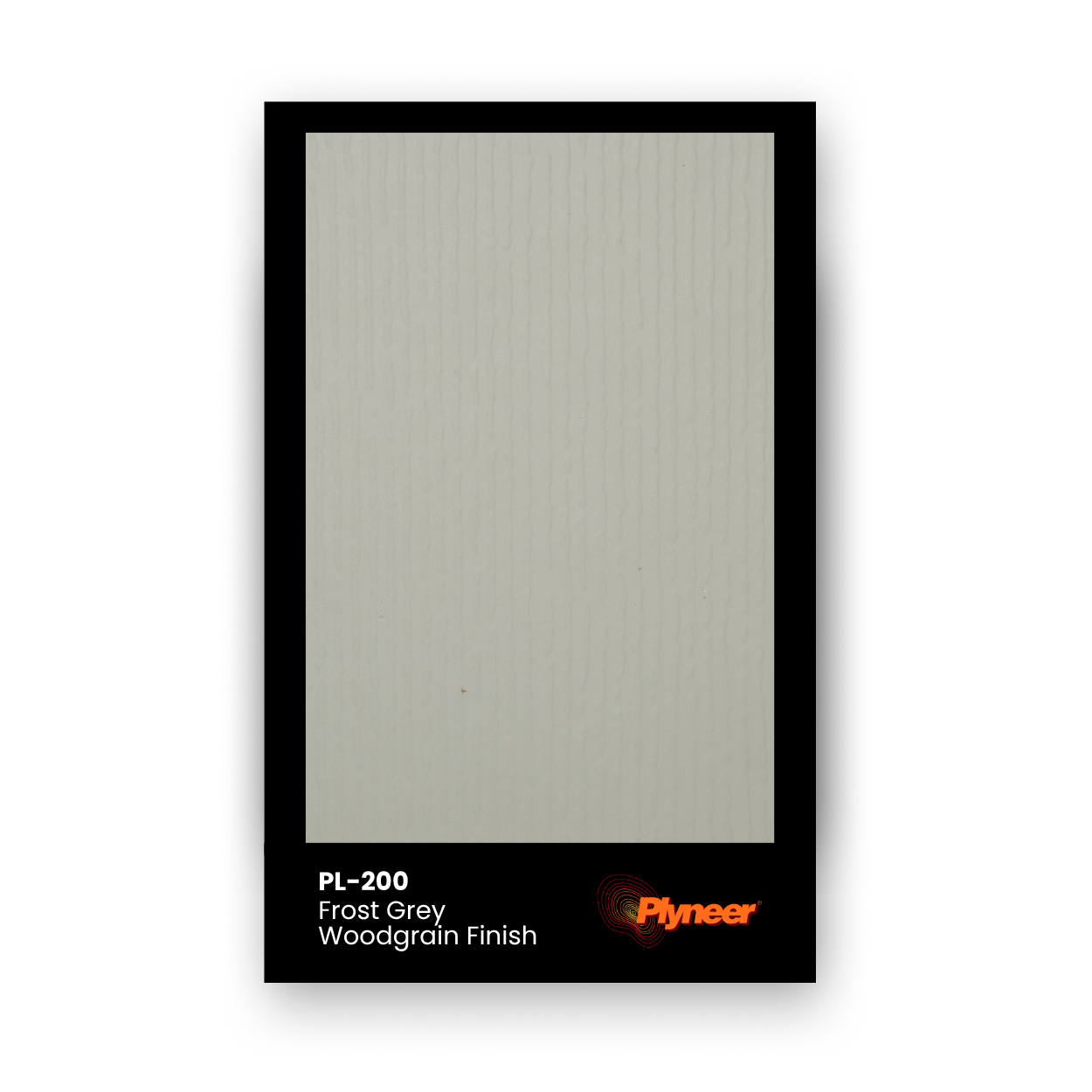 PL-200 Frost Grey Woodgrain laminate with fine vertical grain pattern and soft grey tone for contemporary interiors by Plyneer.