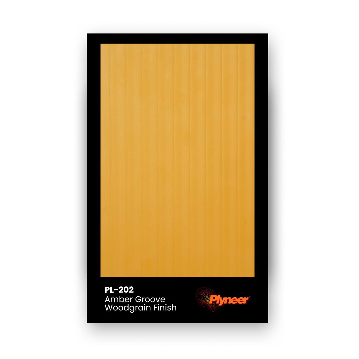 PL-202 Amber Groove laminate with vibrant amber-orange tone and vertical woodgrain grooves for bold, lively interiors by Plyneer.