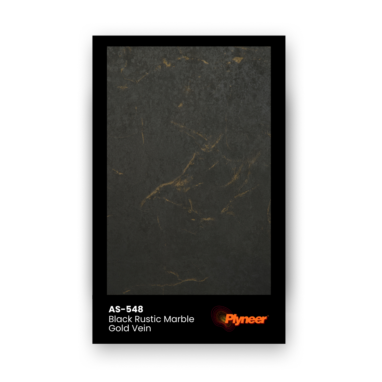 AS-548 black stone laminate with natural gold streaks and matte marble texture.