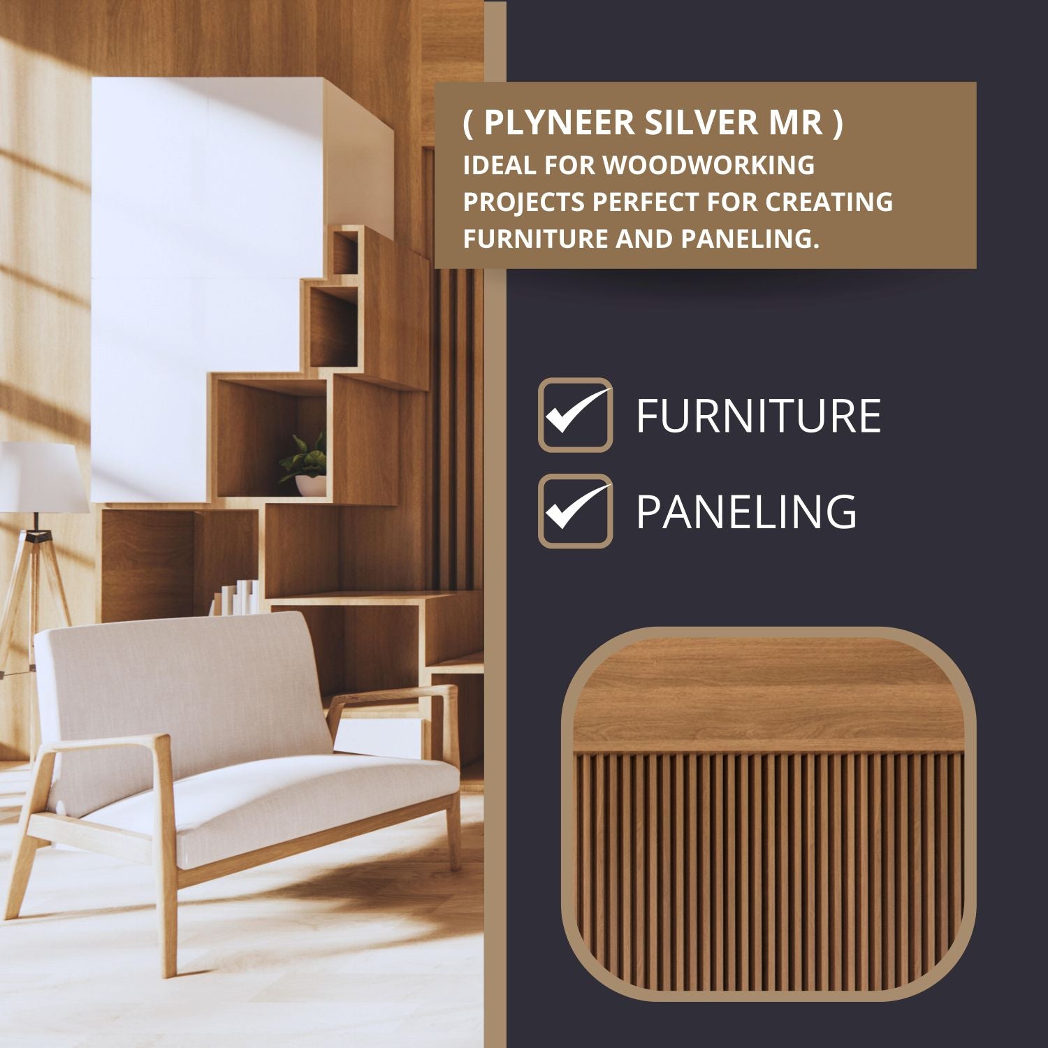 "Plyneer Silver MR Grade Plywood, perfect for bedroom furniture design and kitchen cupboard designs. Ideal for modern door designs and sturdy flush door designs. Explore this plywood for its versatility in home interior design and furniture construction."