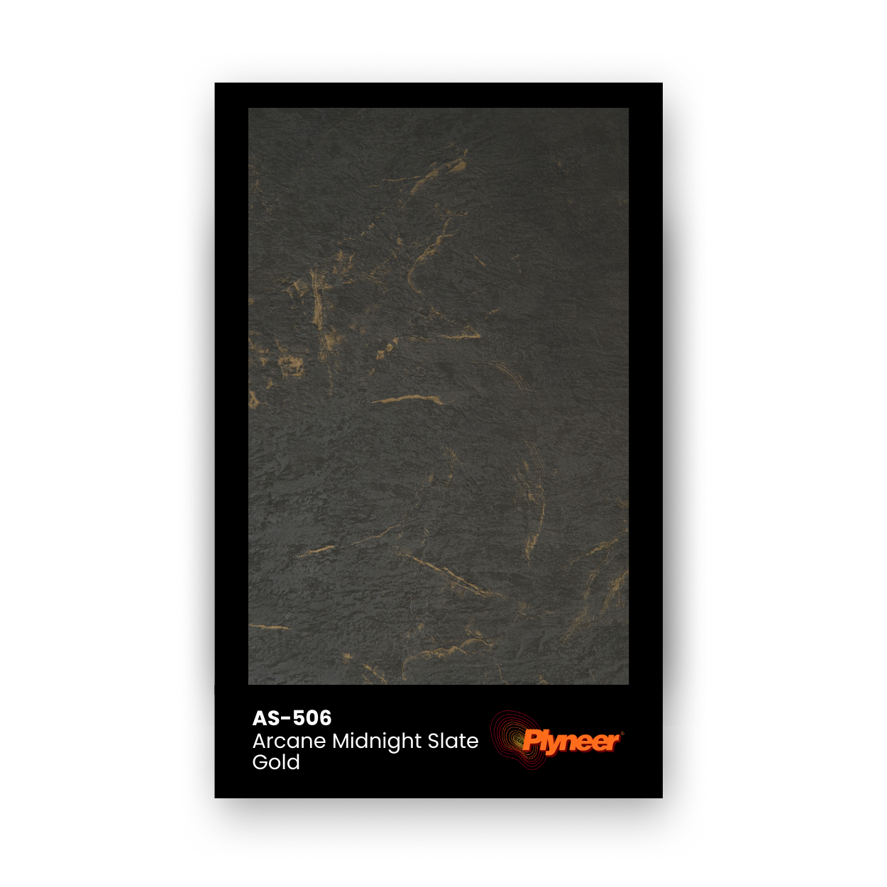 Plyneer AS-506 black slate laminate with natural gold veining and textured stone finish.
