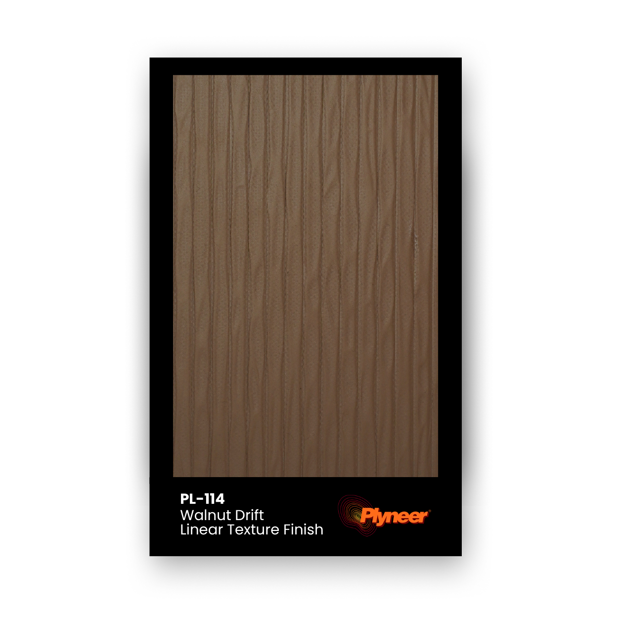 PL-114 walnut brown laminate with vertical drift wood-like texture and satin matte finish by Plyneer.