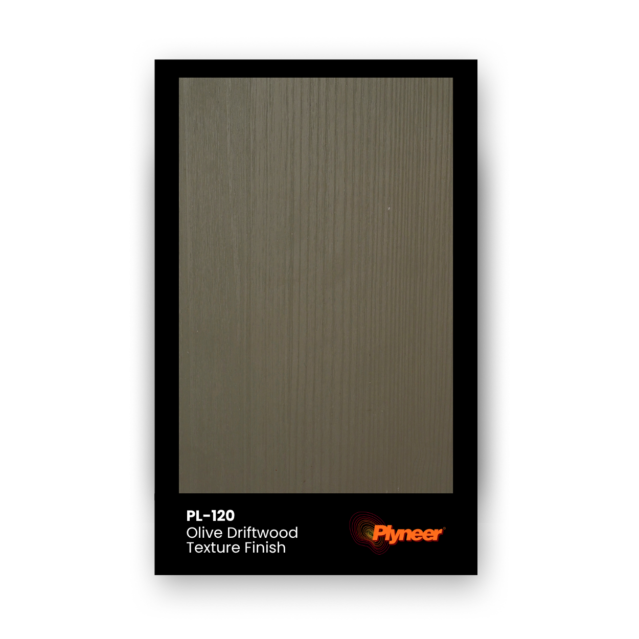 PL-120 olive-toned laminate with vertical driftwood texture and matte finish by Plyneer.