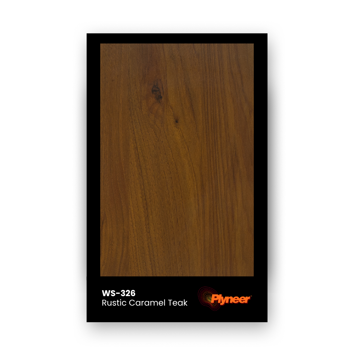 Plyneer WS-326 caramel teak laminate with natural grain and subtle knot texture.